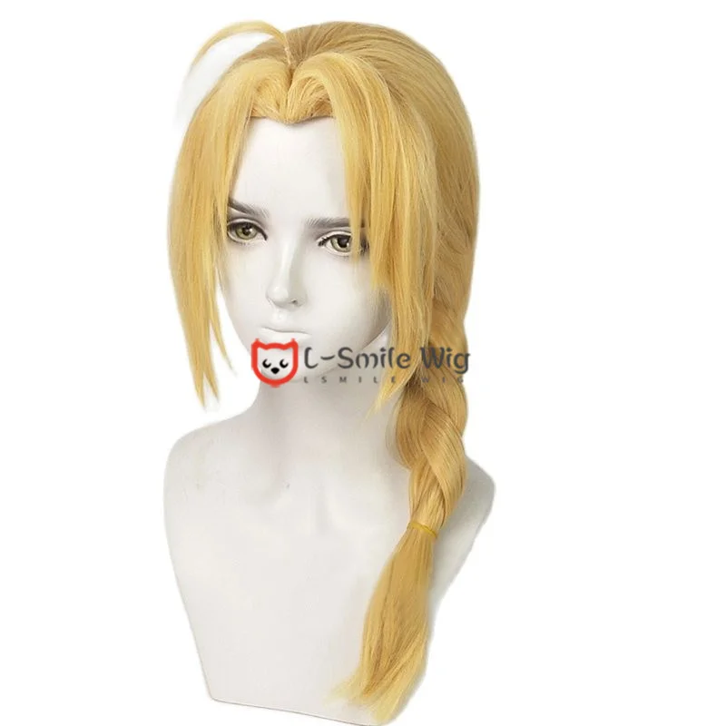 Edward Elric parrucca Cosplay intrecciata bionda lunga 50cm parrucche per capelli Cosplay resistenti al calore Anime + cappuccio per parrucca