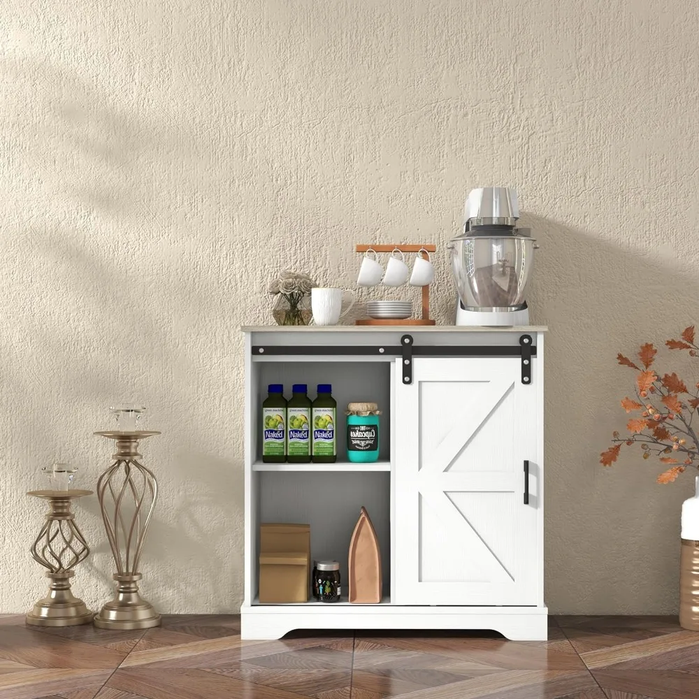 Panana Sliding Barn Door Buffet Sideboard Storage Cabinet Coffee Bar Kitchen Farmhouse Style (White Cabinet Nature Top)