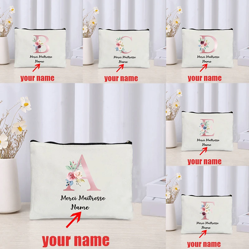 

Personalized with Name Thank You Teacher Makeup Bag Custom Flowers Patterns Monogrammed Toiletry Pouch Case Cosmetic Storage