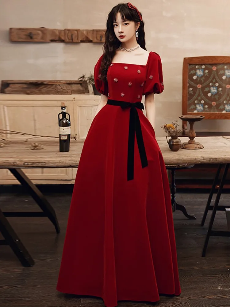 

Красное бархатное свадебное платье Dr Spring New Ele Long Gown для помолвки, банкета, модное женское платье на Китайский Новый год
