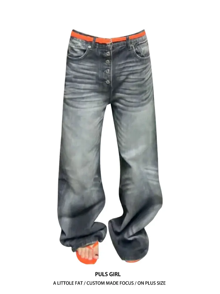 

Retro American Large Size Denim Pants Women High Waist Button Detail Worn Look Wide Leg Long Trousers Casual Style Spring 2026