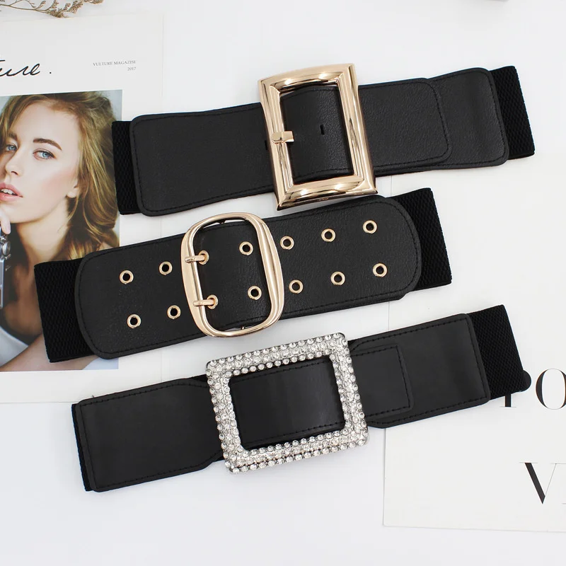 Women Wide Elastic Dress Belt Stretch Waist Belt Vintage Fashion Casual Cinch Belt Buckle Retro PU Leather Punk Waistband пояс