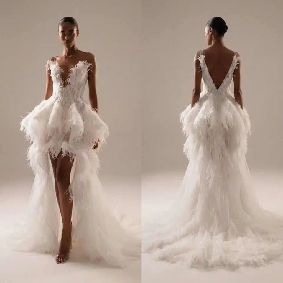 Exquisite Evening Dress Sleeveless Prom Dresses Fashion Feather Ruffy V-Neck Sweep Tail Ceremonial Dress Size Customized