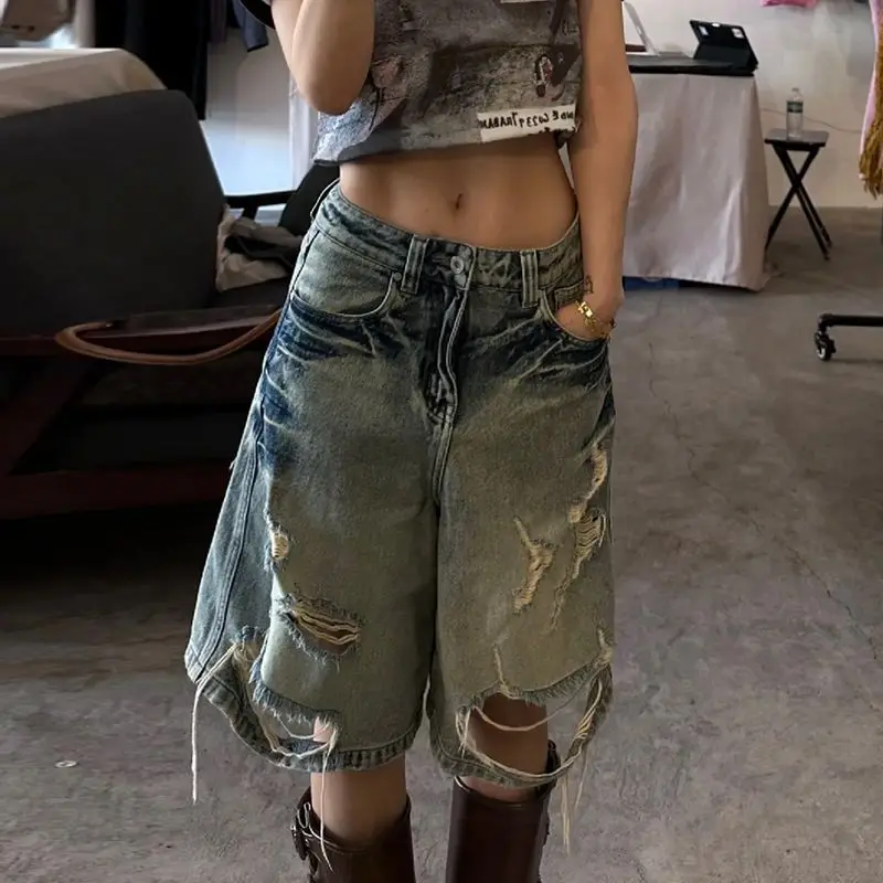 

Retro High Street Y2k Girls Denim Shorts Summer Streetwear Holes Wide Leg Baggy Boyfriend Jeans for Women Loose Five Point Pants