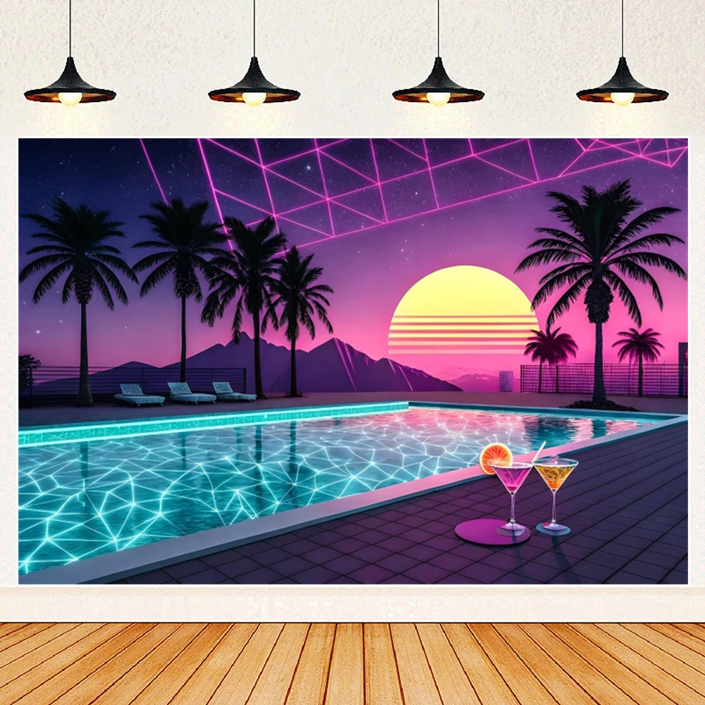 Summer Pool Party Sunset Sfondo Neon Albero di cocco Ruota panoramica Vacanza hawaiana Festa di compleanno Sfondo Photo Booth Puntelli