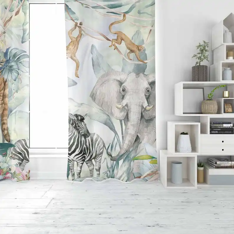 Safari Animals Curtains Tiger Zebra Elephant Nursery Decor Kids Bedroom Black Out Baby Room Curtains Living Room Curtain