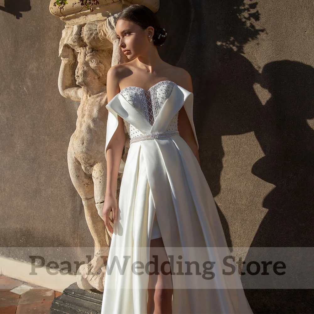 Fashion Strapless Off the Shoulder Wedding Dress Sexy Backless A-Line Side Slit Jersey Beading with Belt Bride Marriage Gowns