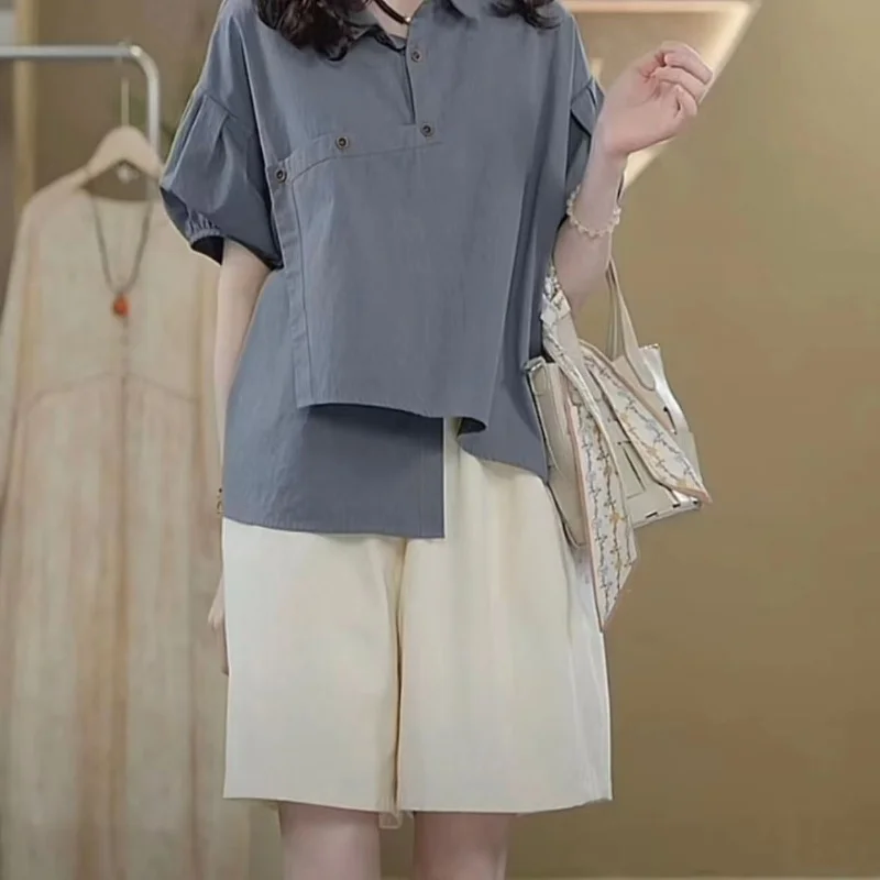 Women\'s Cotton Irregular Shirt and Blouse, Korean Stylish Bubble Sleeve, Loose Thin Oblique Buckle Top, New, Summer, 2024