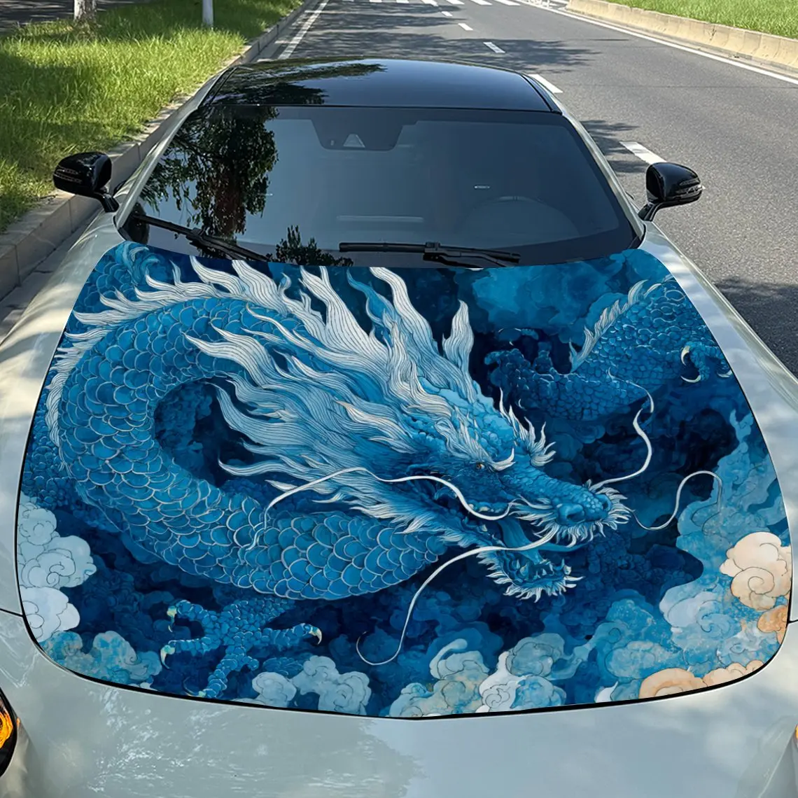 

Car Decals Dragon with a Stunning, Azure - Hued Artistic Design, Displaying a Graceful and Mythically Powerful Presence Car Hood