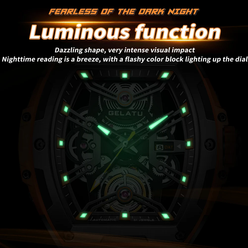 GELATU мужские часы, трендовые модные автоматические механические наручные часы с автоподзаводом, сапфировое зеркало, водонепроницаемые, светящиеся