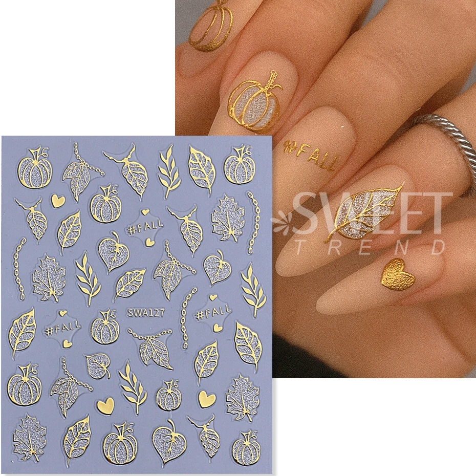 2 stuks glitter pompoen nail art stickers herfst glanzende herfstbladeren ontwerpen 3D zelfklevende nagelstickers DIY manicure decoratie