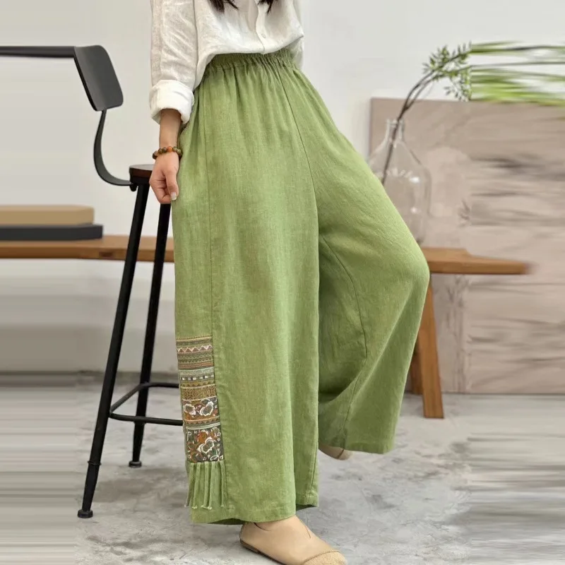 

Spring Summer Autumn Women's Cotton and Linen Casual Retro Zen Solid Color Wide Leg Pants Plus Size for Chubby People