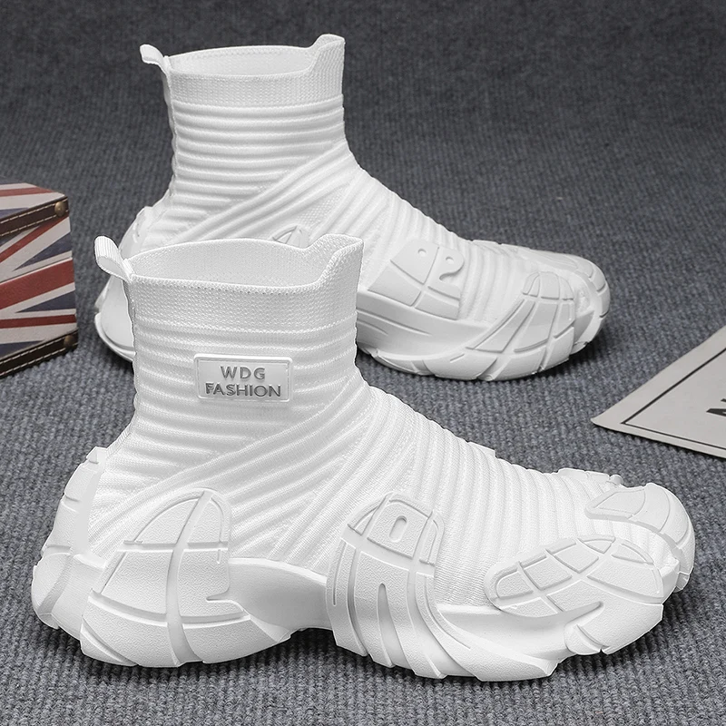 

Модные белые слипоны, мужские дышащие вязаные носки, кроссовки, мужская уличная обувь для меха, мужские высокие повседневные кроссовки botas hombre