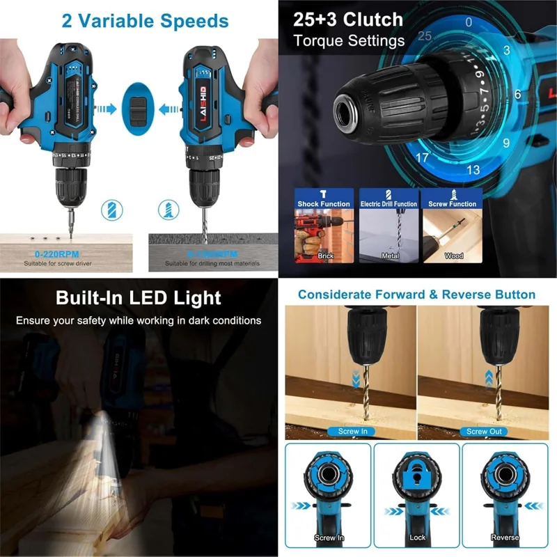 36VF boorcombinatieset, 1 batterijen en een snellader en draagbare behuizing met werklampen