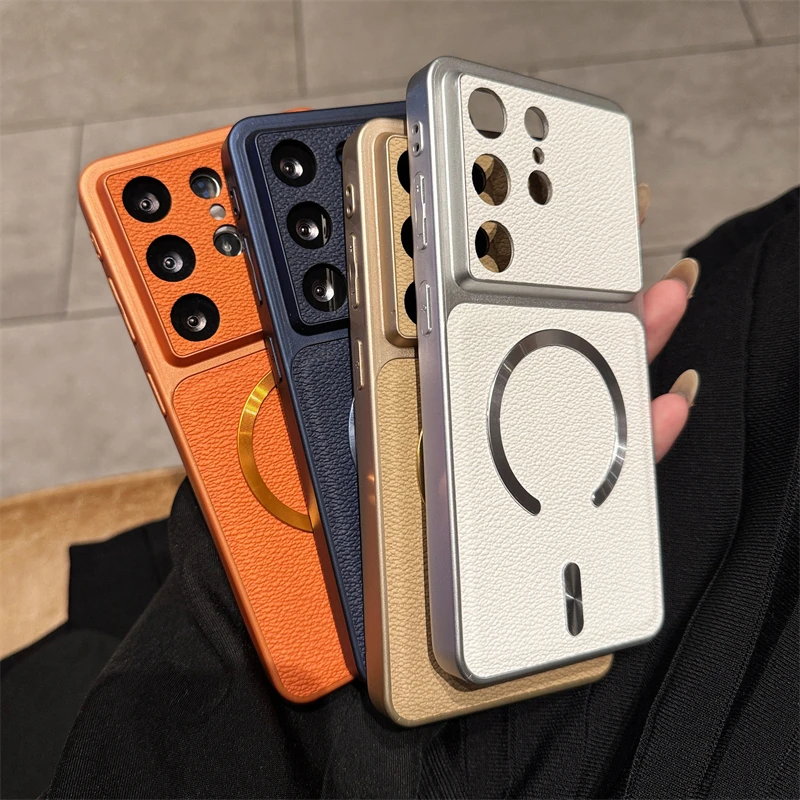 Leather Texture Shockproof Case For Samsung Galaxy S26 S25 S24 FE Ultra S26Plus Laser Magnetic For Magsafe Wireless Charge Cover