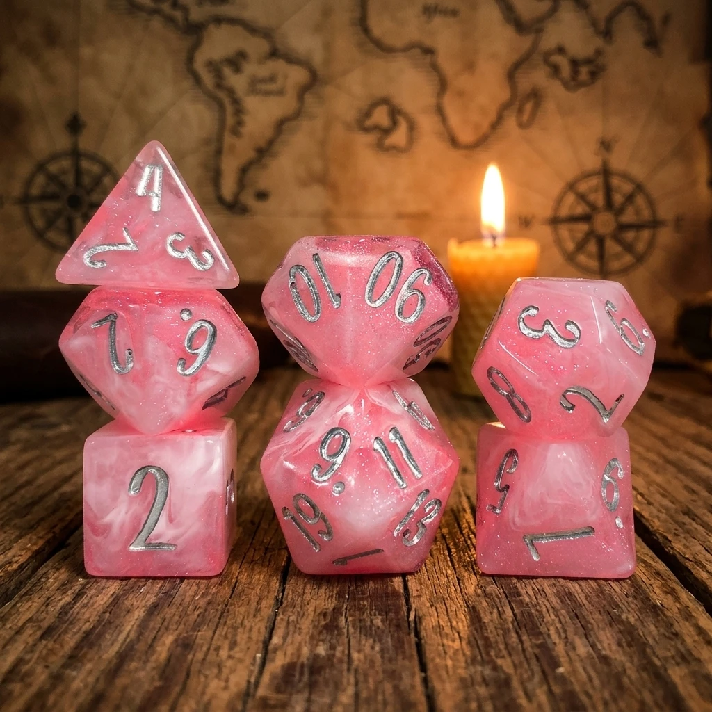 7Pcs Pink Mist Swirl Glitter Polyhedral DND Dice Set Resin Dice For Dungeons & Dragons Role Playing Game  For RPG,MTG,Tabletop