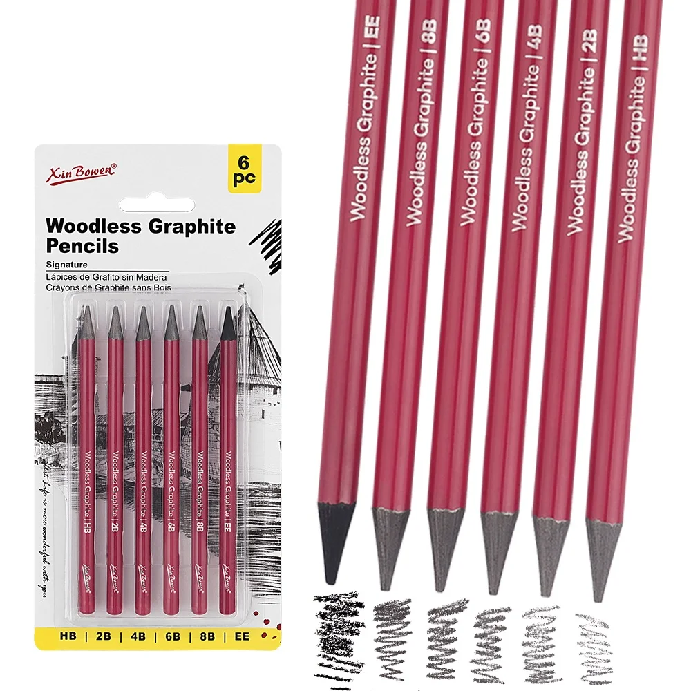 Professional Woodless Graphite Sketching Pencils Set 6 Pack (HB 2B 4B 6B 8B EE) Charcoal Drawing Pencils for Art Student Shading