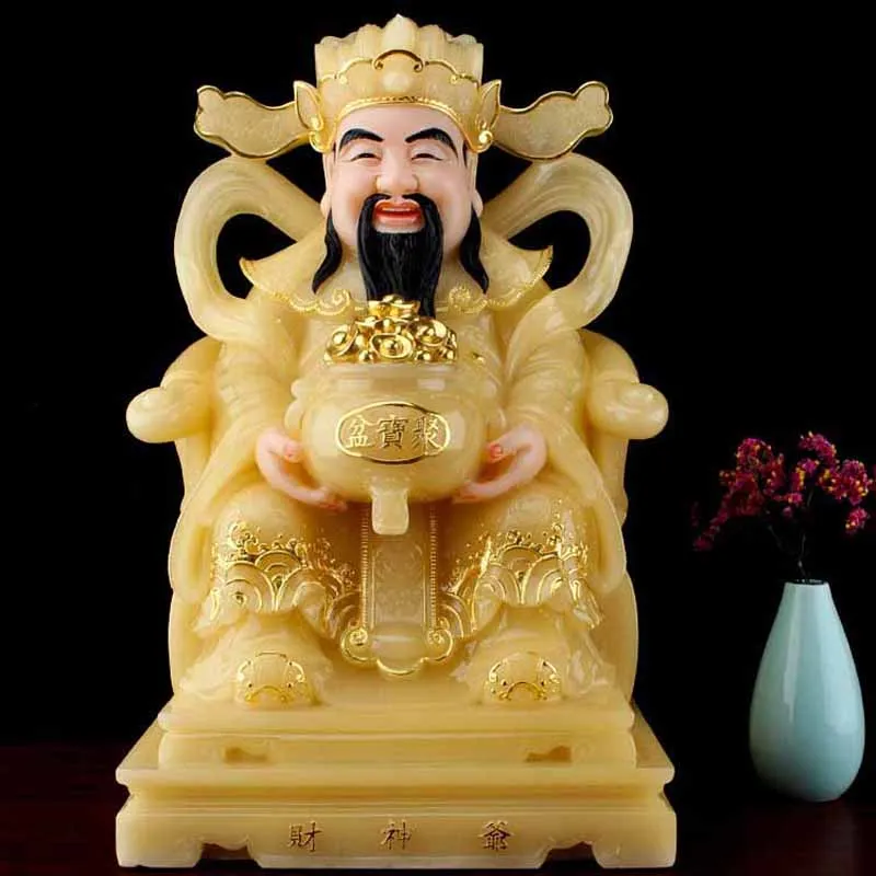 Asia CAI SHEN YE Statue high grade yellow jade God of wealth Mammon buddha thriving business Money Drawing Good luck