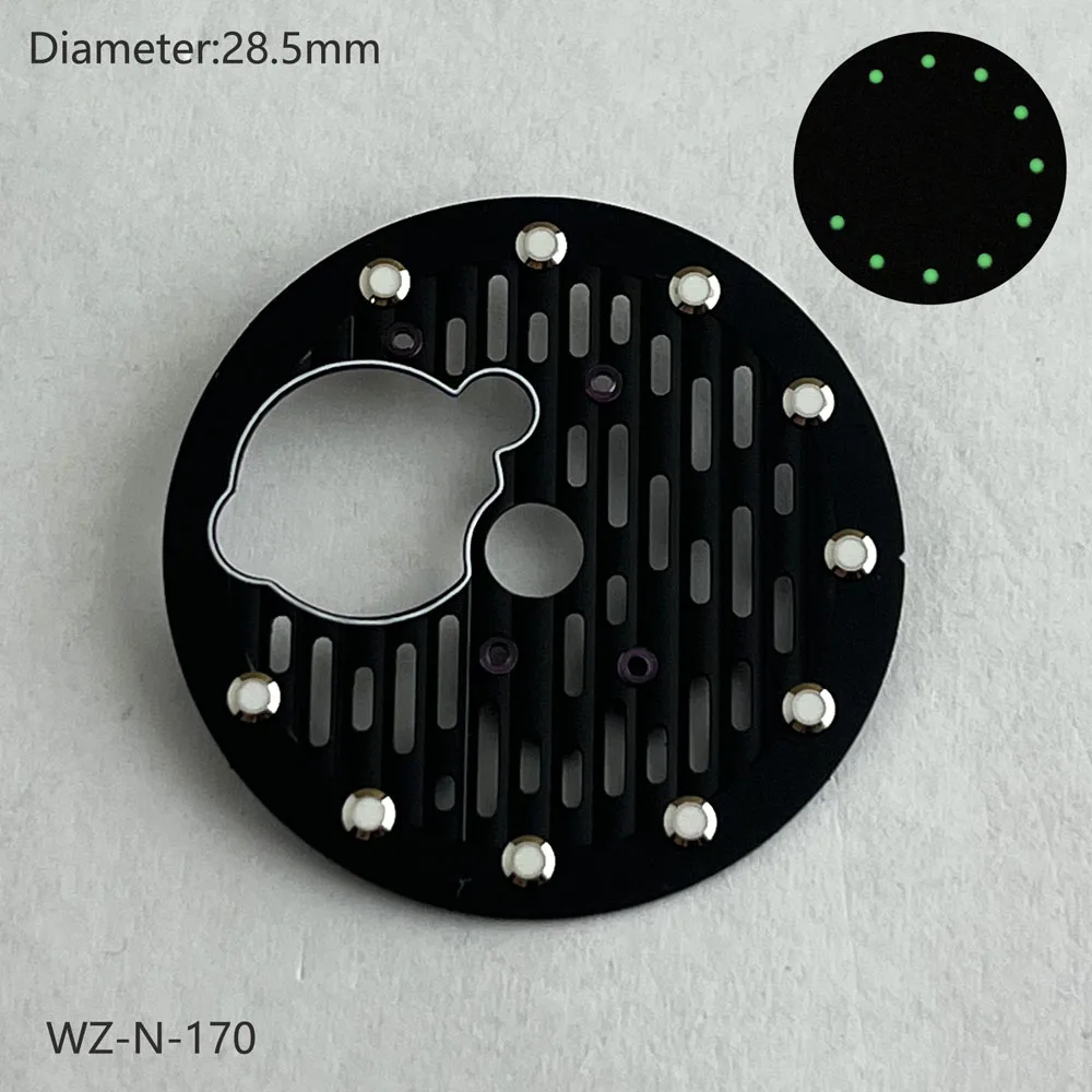 28.5mm NH38 다이얼 그레이 블루 그린 빛나는 스켈레톤 무브먼트 다이얼 일본 NH38/NH70/NH72 자동 무브먼트 로고 사용자 정의 가능