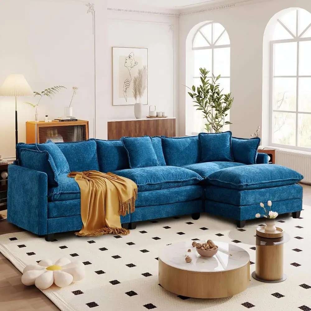 

L-Shaped Comfortable 4-Seat Deep Sectional Sofa with Ottoman for Living Room, Blue