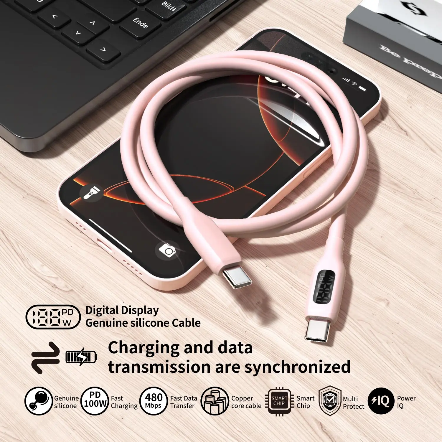 100W USB C Fast Charging Cable , Super Flexible Silicone Charger Cable Pink, for Phone Tablet Laptop