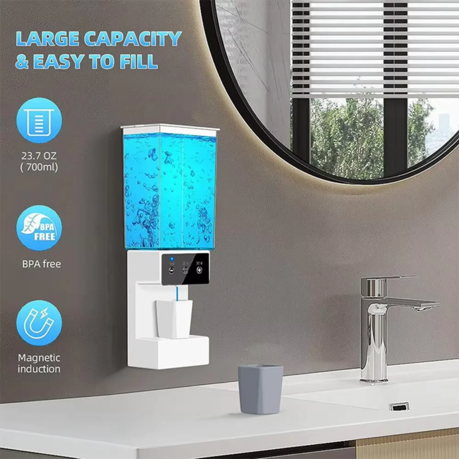 Automatic oral wash dispenser, 2 Magnetic cups, adjustable distribution level, bathroom wall hanging, 650ml