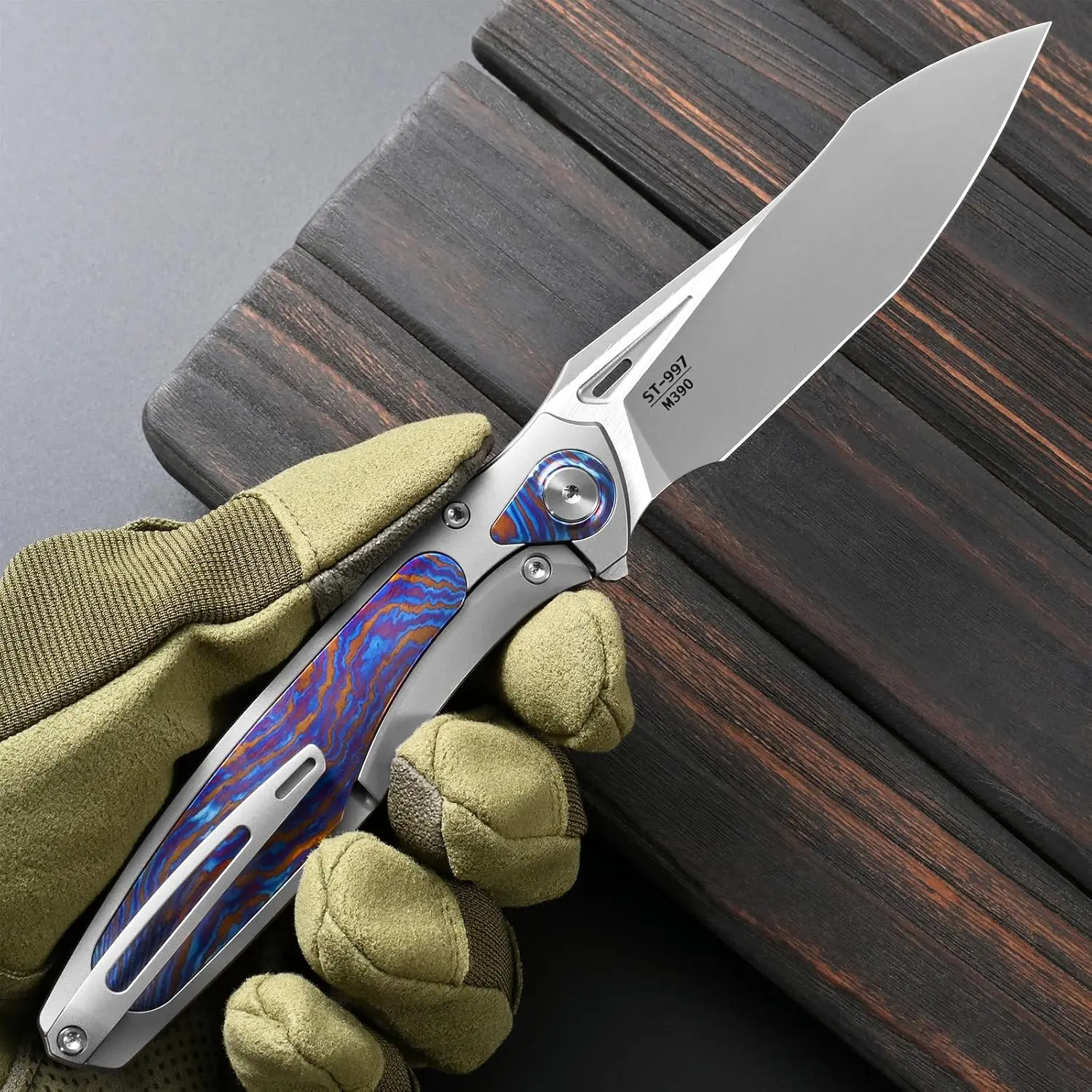 Sitivien ST997 Folding Knife,Handmade M390 Pearlescent Brushed Steel Blade,Titanium&Carbon Fiber Handle for Camp Collection