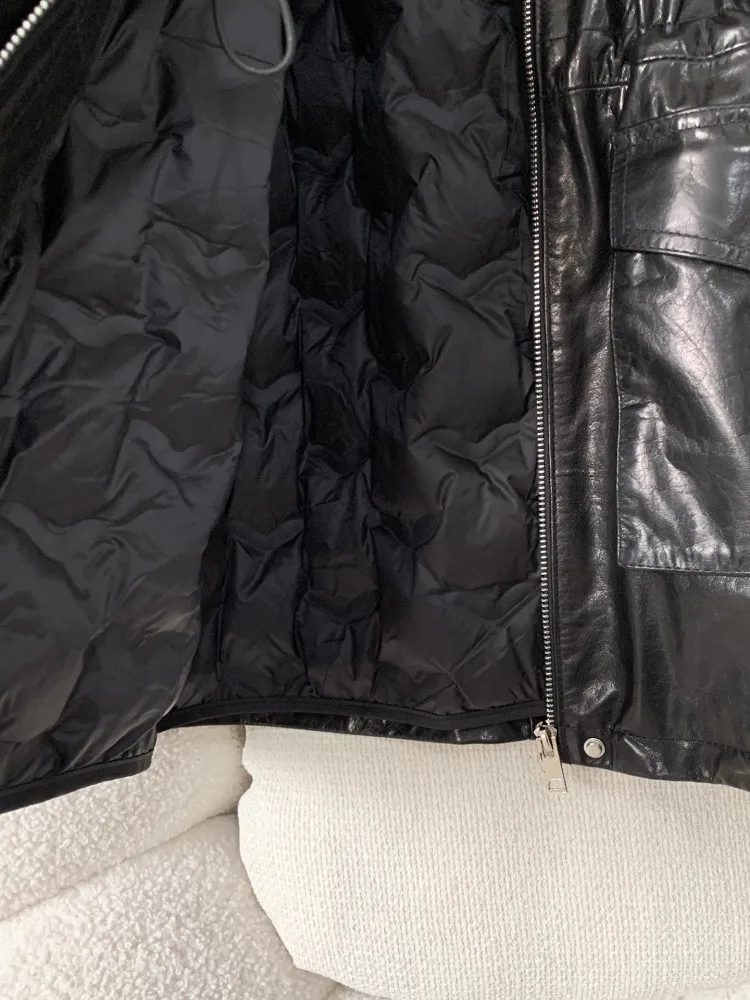 Kurtka damska retro z woskowanej skóry bydlęcej z wyjmowanym wkładem z puchu gęsiego, gruby płaszcz zimowy, ciepła, z prawdziwej skóry, średniej długości odzież wierzchnia.