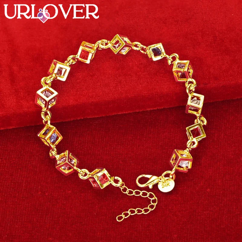 URLOVER 24K Gold Bracelet For Woman Colored Zircon Crystal Lattice Chain Bracelets Fashion Party Wedding Engagement Jewelry Gift