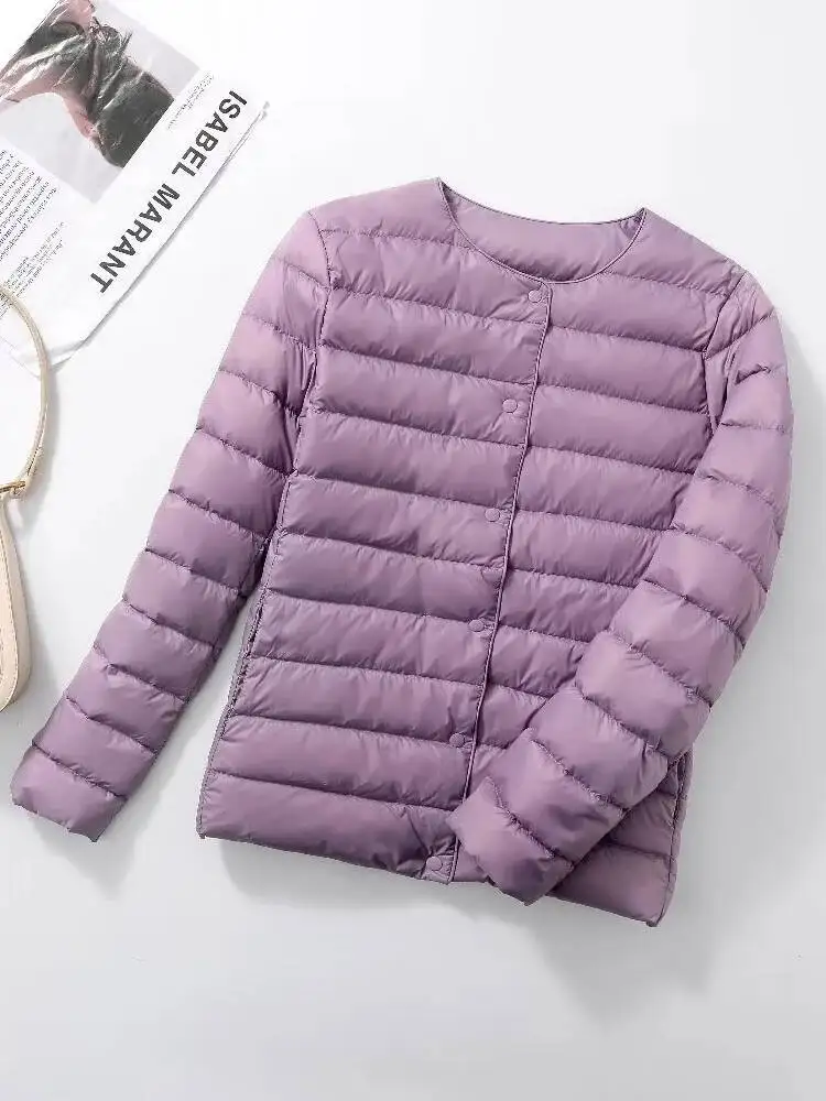 

Women Down Jacket V-neck Round Neck Thin Lightweight Solid Color White Duck Down Coat Female Lightweight Down Parkas Outwear