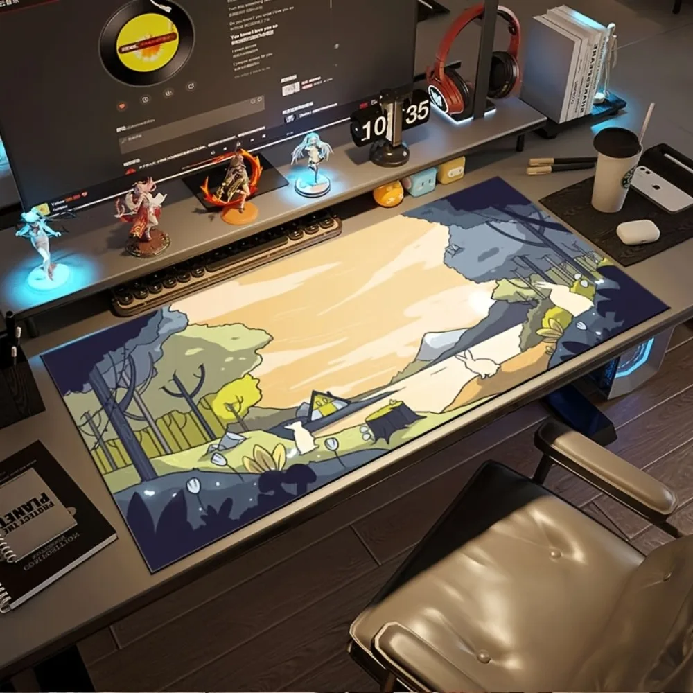 Une scène sereine avec un lapin blanc au bord d'un lac jaune chaud. Tapis de souris pour ordinateur, accessoires de bureau.