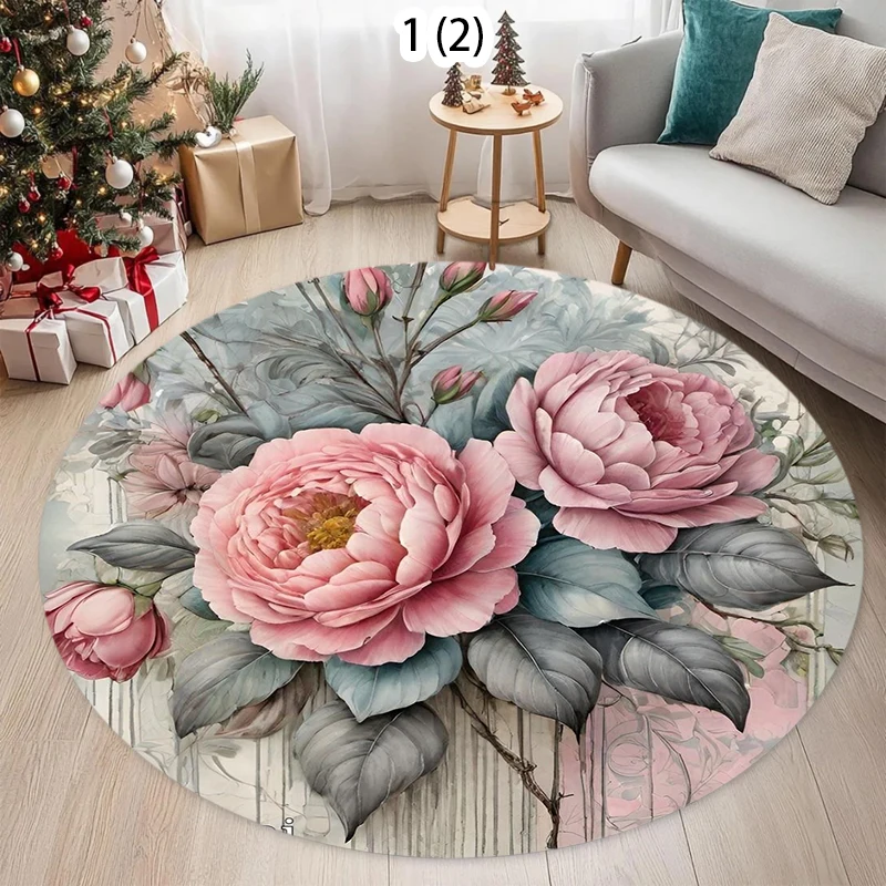 Retro Festlicher Runder Teppich mit Pfingstrosen-Blumendesign Gemütliche Rutschfeste Matte für Wohnzimmer Schlafzimmer Balkon Heimdekoration