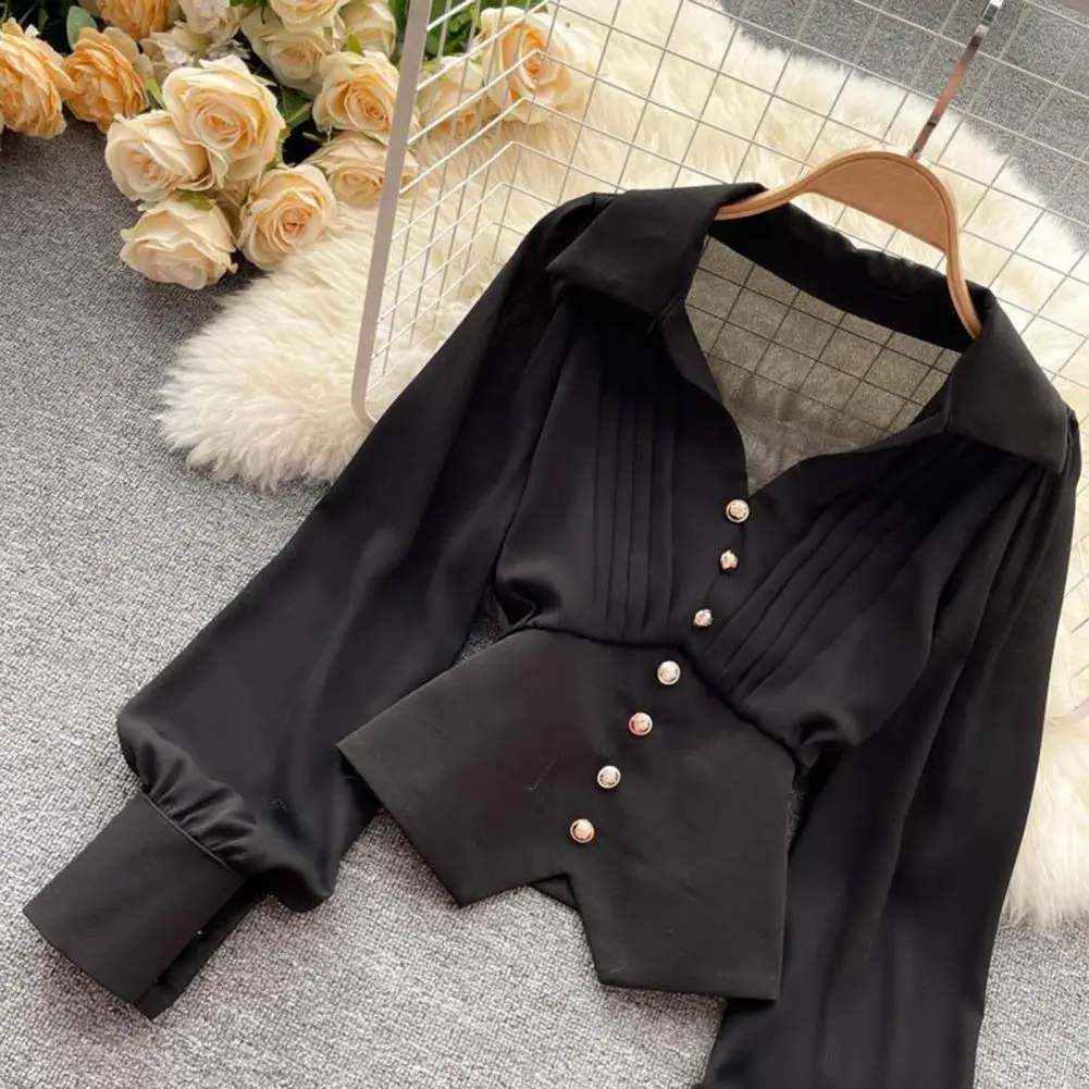 Lady Shirt Top French Style Solid Color Women Shirt Lapel V-neck Puff Long Sleeve Female Shirt Buttons Decor Irregular Hem Tops