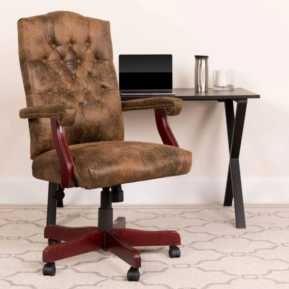 Ergonomic Farmhouse High-Back Desk Chair Traditional Microfiber Tufted Swivel Office Chair With Wood Base Computer Armchair