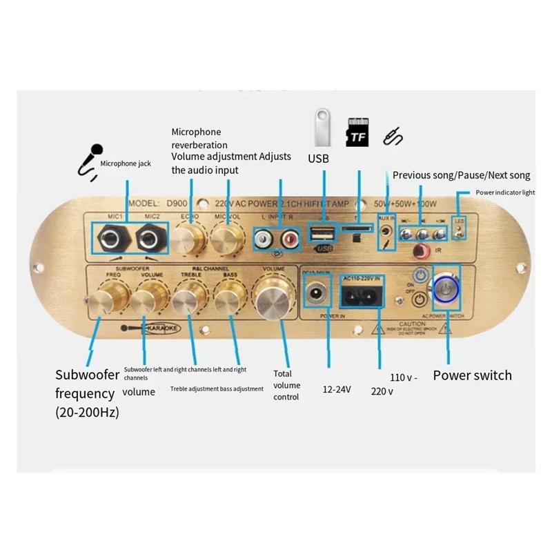 Плата усиления звука Woopker D900 Channel 2.1 HIFI Bluetooth 5,0 50 Вт + 50 Вт + 100 Вт Плата усиления мощности цифрового медиа