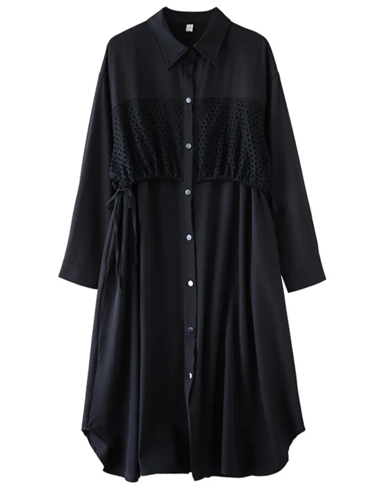 Robe chemise surdimensionnée pour femmes, ajourée, Patchwork, mode dames, ample, à volants, plissée, automne