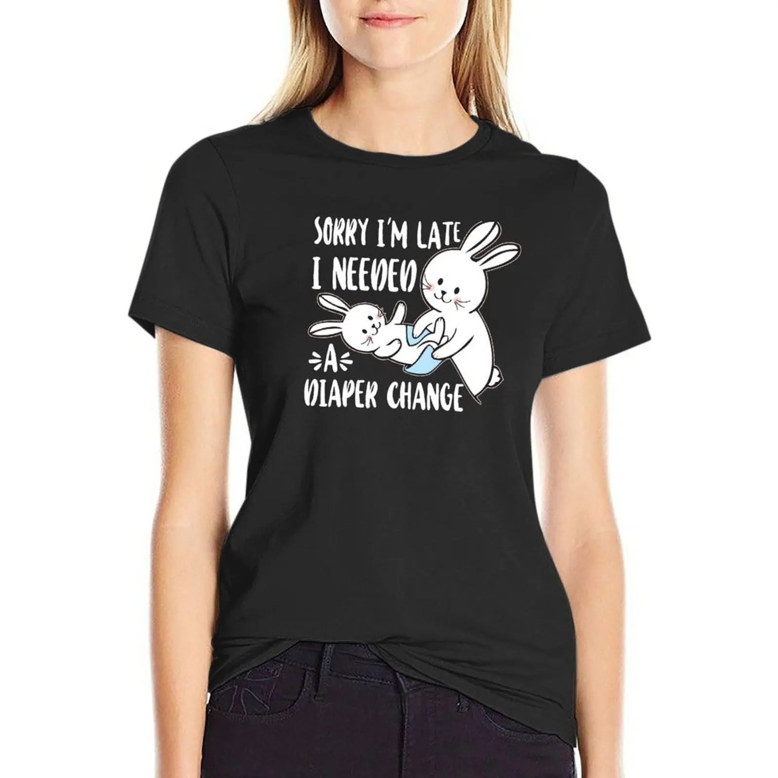 

Sorry I am Late I needed a Diaper ChangeAdult Baby Bunny Rabbit Graphic Design ABDL T-Shirt sweat plus sizes Womens clothing