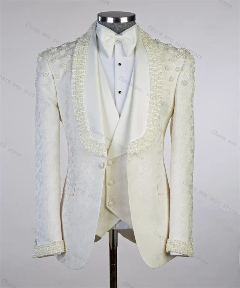 

Ivory Pearls Men Suits Set 2 Pieces Blazer+Black Pants Trousers Wedding Tuxedos Formal Office Cotton Groom Prom Jacket Coat