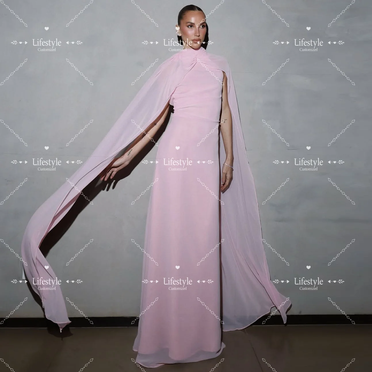 Customized Open Back Pink Chiffon Formal Evening Dress Long Flowing Cape Sleeves Floor Length Maxi Elegant Party Dress