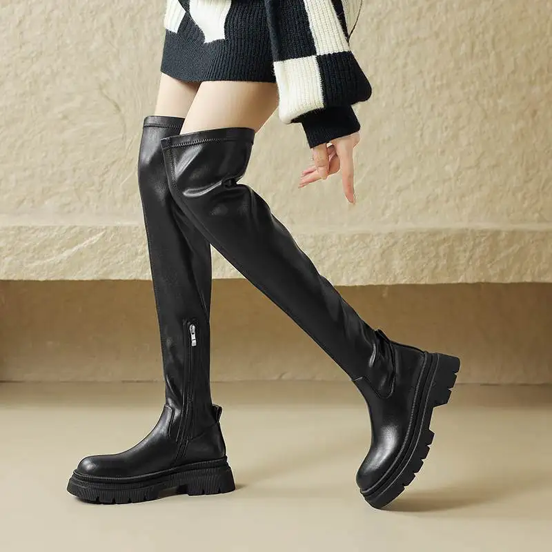 Krazing Pot 2025 Cow Leather Round Toe Thick Bottom Winter Keep Warm Modern Retro Zipper Platform Stretch Over-the-knee Boots