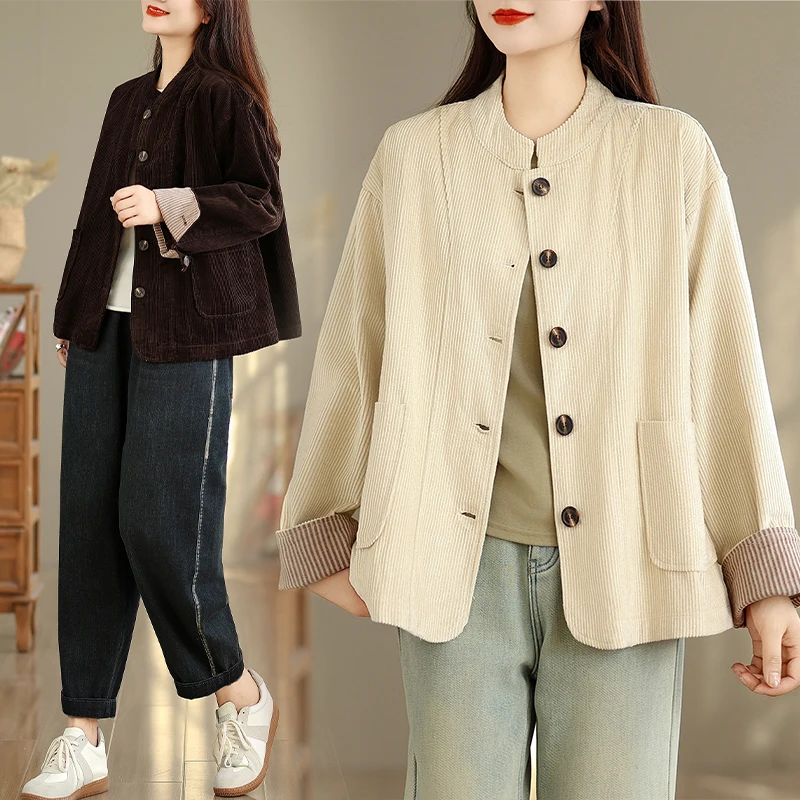 

Retro Stand Collar Corduroy Jaet Women's Loose Casual Versatile Single Button Velvet Top Autumn 2025 New Sle Ladies Outer...