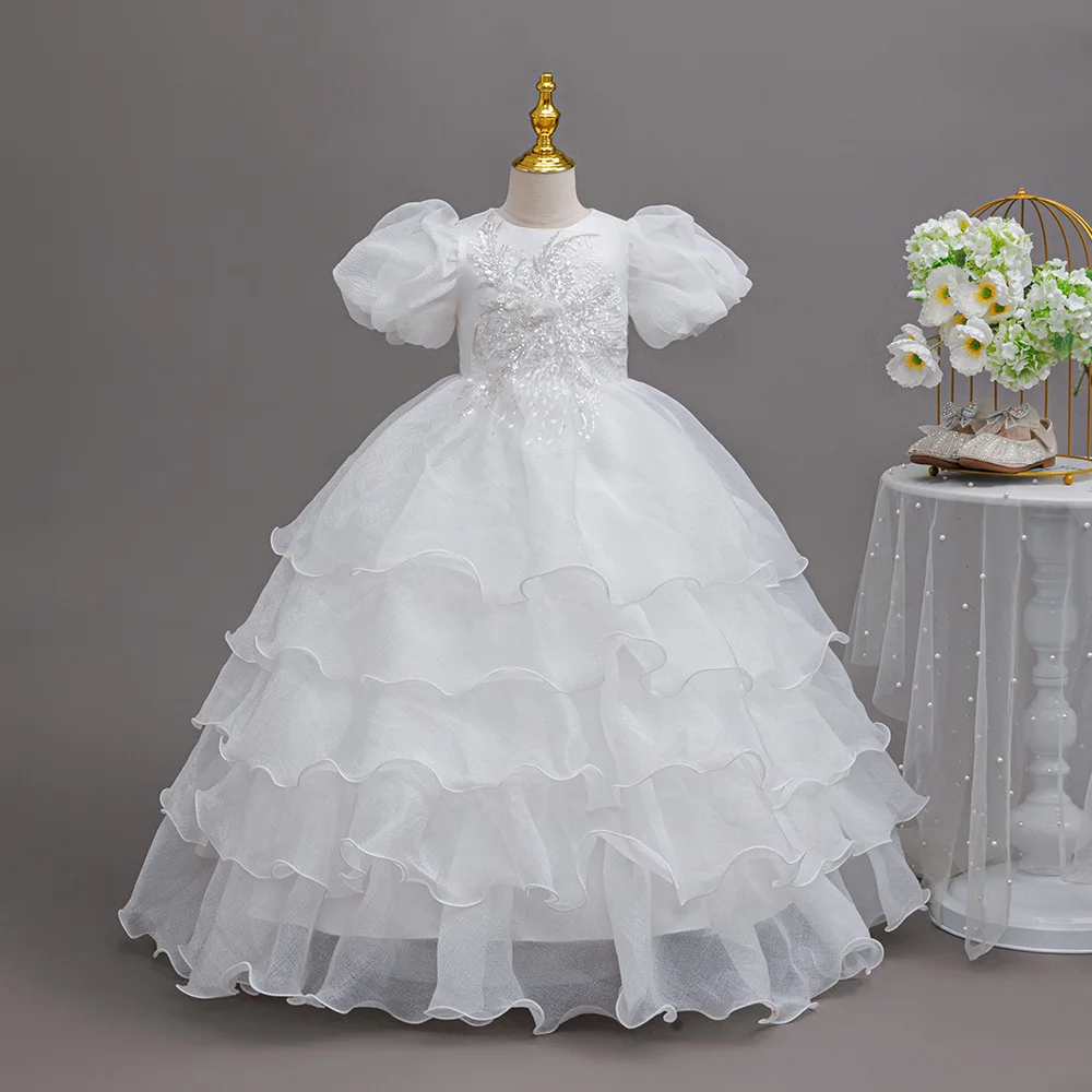 

Кружевное платье принцессы с пышными рукавами для девочек 4-12 лет, новое роскошное элегантное вечернее платье, свадебное платье подружки невесты с цветочным узором для девочек