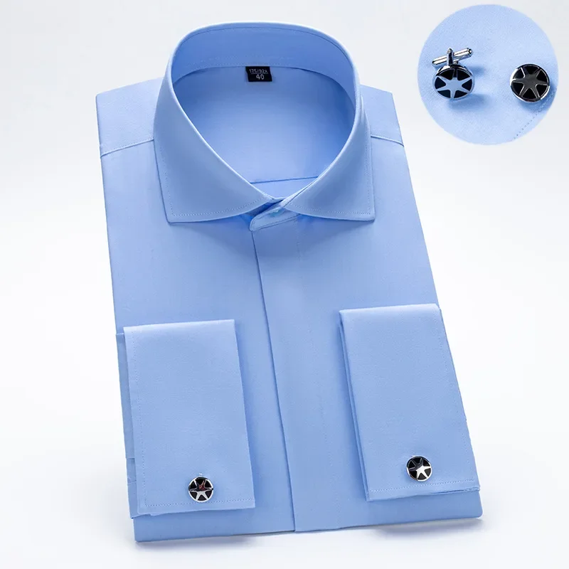 Windsor Collar French Cuff Dress Shirt Fashion Men\'s Long Sleeve Luxury Business Formal Shirts Covered Button Cufflink Shirt