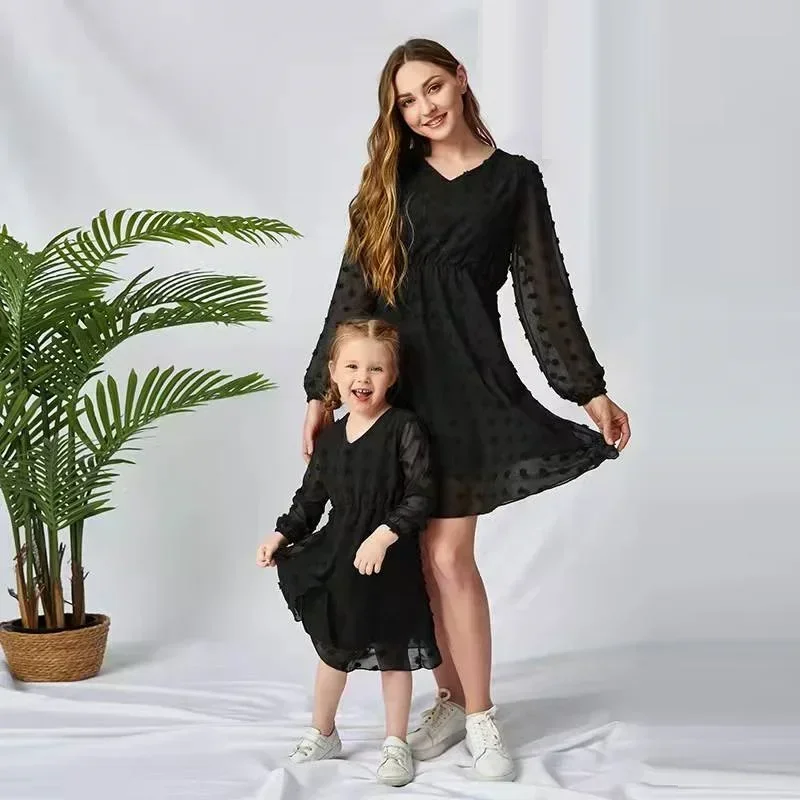 Mother and Daughter Dress Spring Summer Simple Casual Solid Long Sleeve Polka Dot Printing Mom and Daughter Matching Clothes