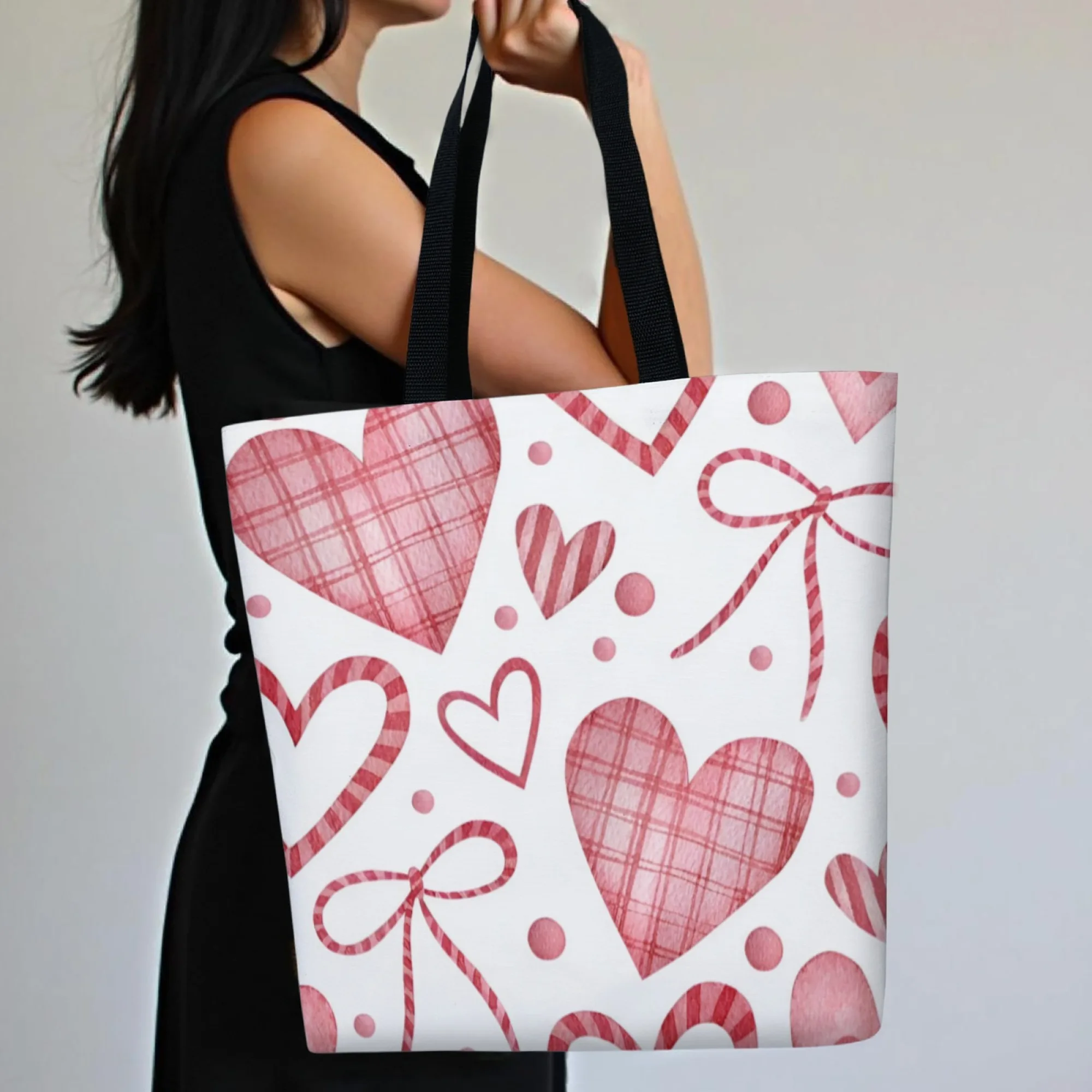 Sweet Pink Valentine's Day Themed Heart-shaped Bow Canvas Women Tote Bag Fresh and Romantic Style Handbag Shoulder Bag Gifts