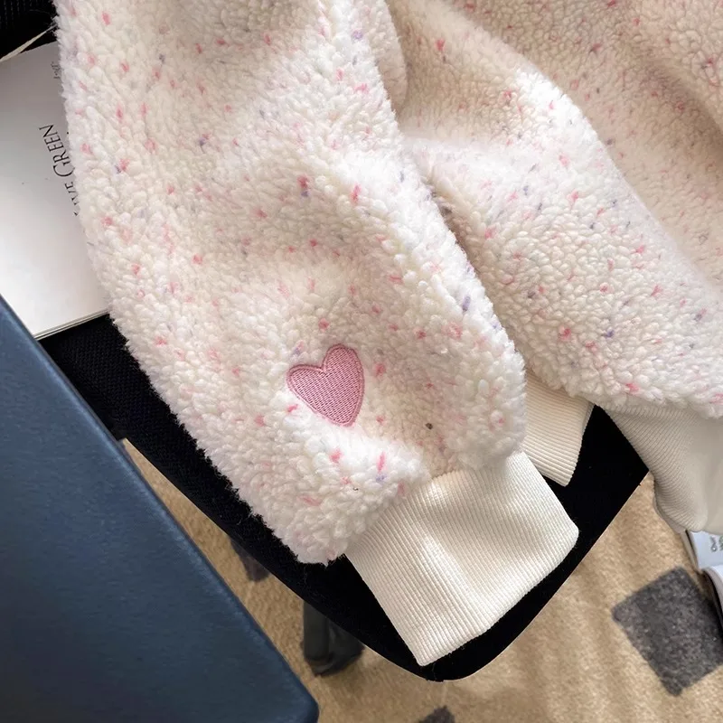 Lamb Wool Sweatshirt Women's Winter Plus Velvet Embroidery Round Neck Top Plus Size Women's Pullover