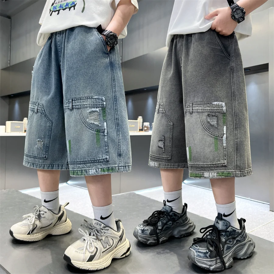 Kids Vintage Blue Grey Denim Shorts For Boy Casual Summer Shorts Teenager Children Retro Straight Knee-Length Ripped Jeans Pants
