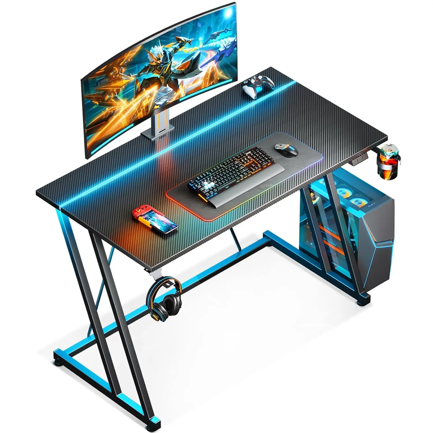 39 Inch Small Gaming Desk LED Light Carbon Fiber Texture Computer Table for Kids Boys Small Space, Customized