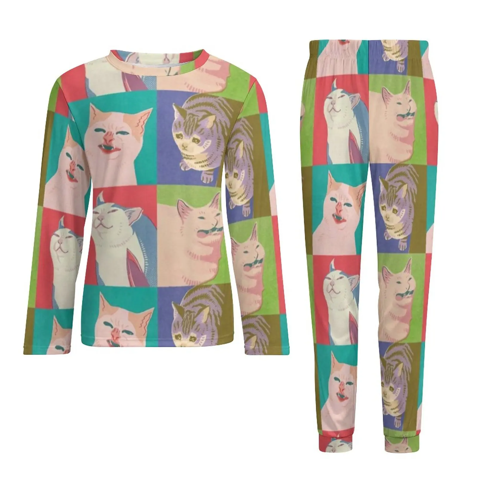 Vier Meme Katzen Pyjamas Mann Lustige Tier Druck Trendy Nachtwäsche Frühling Langarm Schlafzimmer Grafik Pyjama Sets Große Größe 4XL 5XL