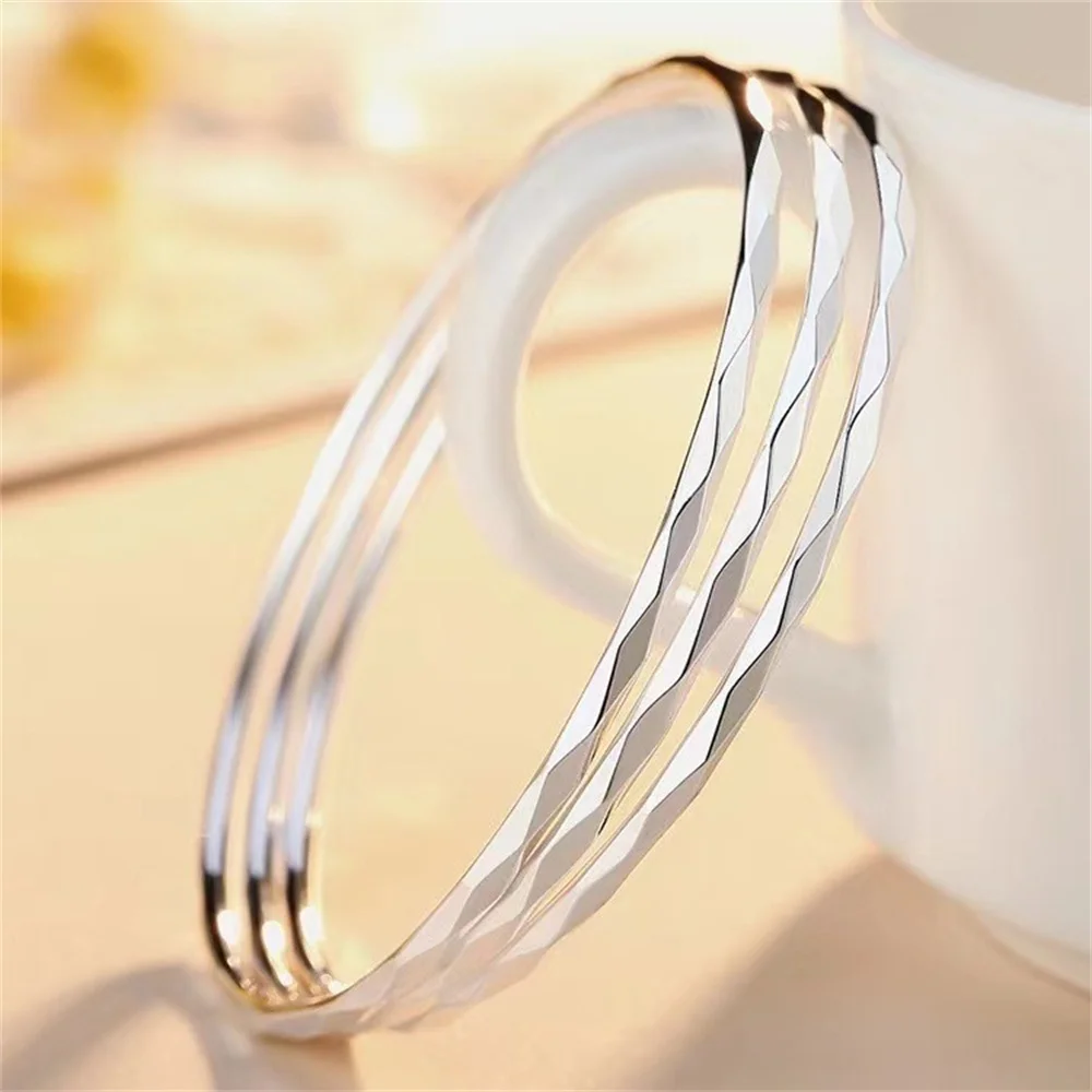 999 Sterling Silver 3‑Piece Set Thin Closed Stackable Fixed‑Size Women Bracelet Set Shiny Fashion Personalized Jewelry Gift